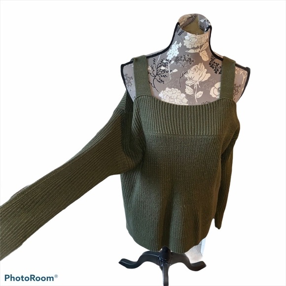 NEW YORK & COMPANY Sweater Olive Green Cold Shoulder medium - Picture 3 of 9